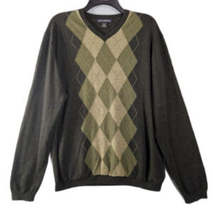 BR L Extra Fine Merino Wool Argyle Sweater Mens Large Greens Tight Knit Preppy